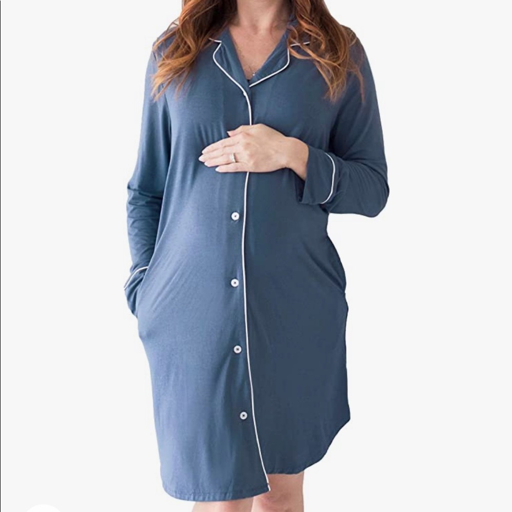 Kindred Bravely Button Down Nightgown Maternity Postpartum Blue Medium